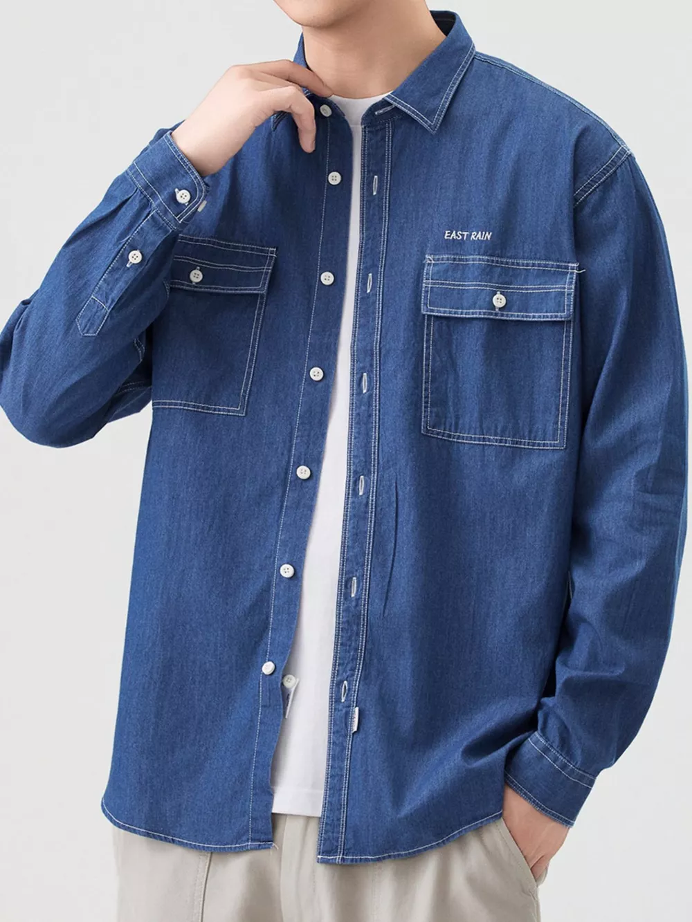 Men's Full Size Casual Long Sleeve Denim Shirt with Pockets Plus Size, image 2
