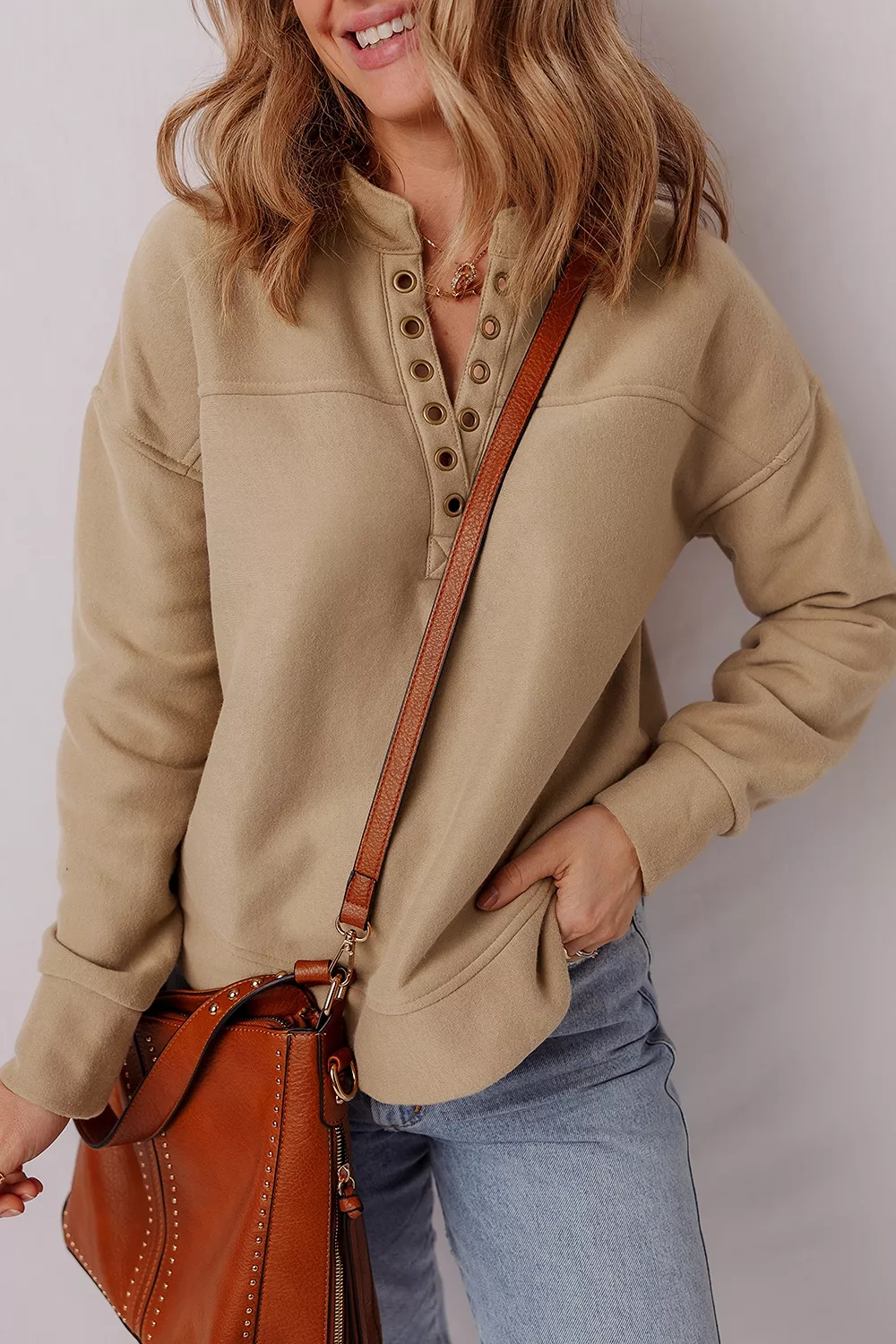 Eyelet Button Placket Dropped Shoulder Sweatshirt, image 2