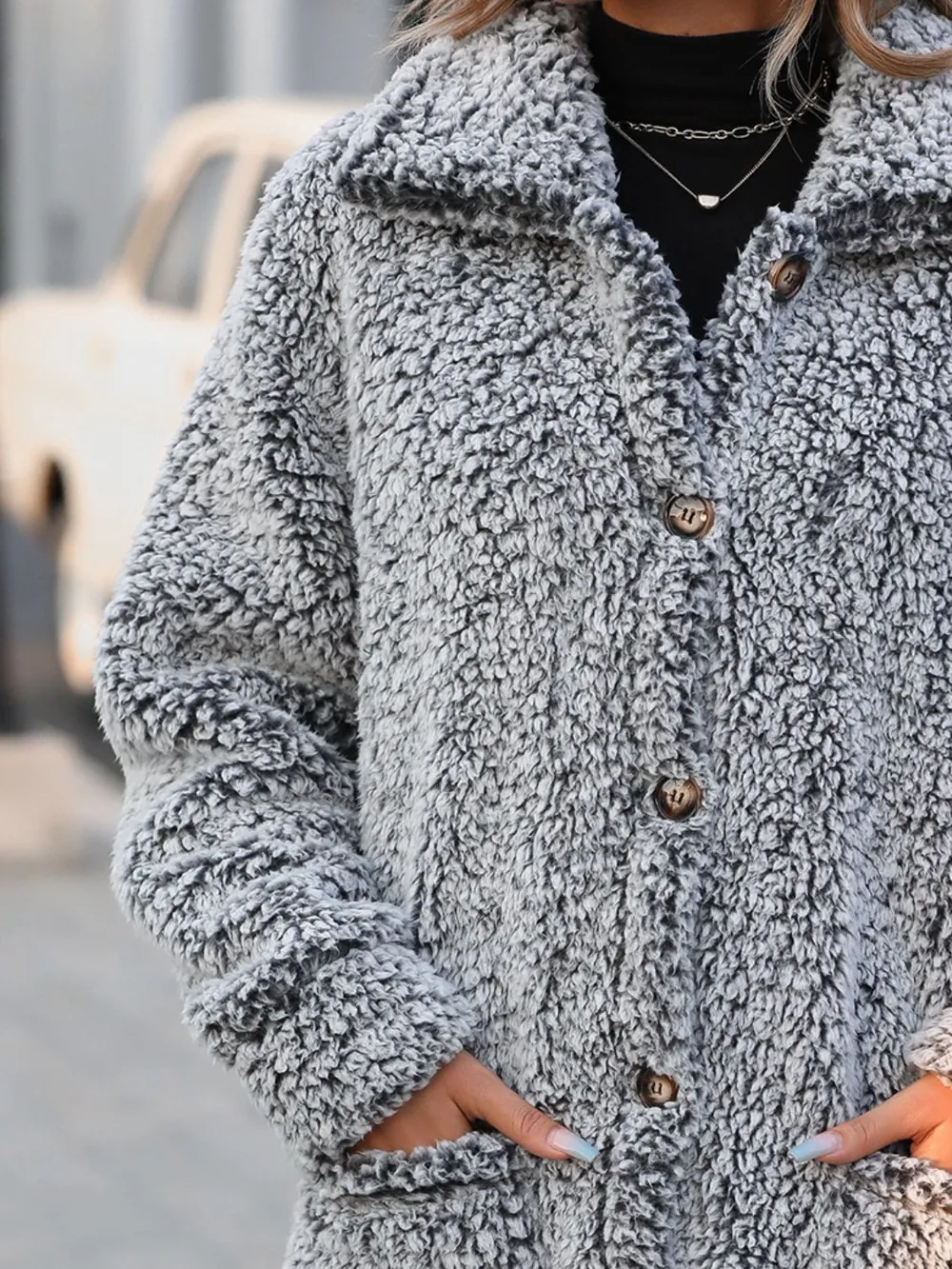 Pocketed Collared Neck Long Sleeve Plush Jacket, image 7