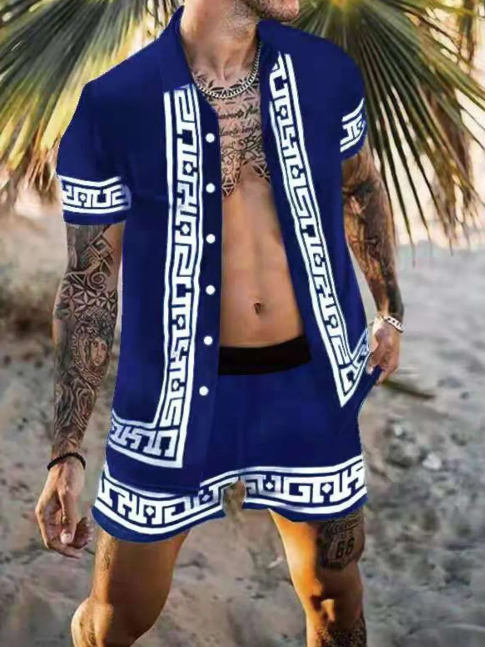 Men's Full Size Printed Collared Neck Short Sleeve Top and Shorts Set Plus Size, image 2