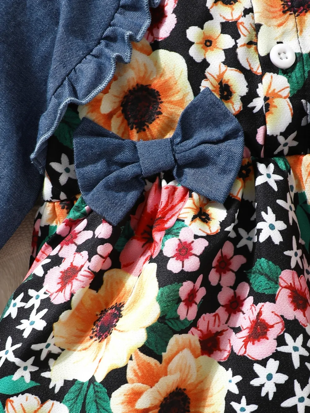 Children's Ruffled Bow Contrast Floral Dress with Headband, image 4