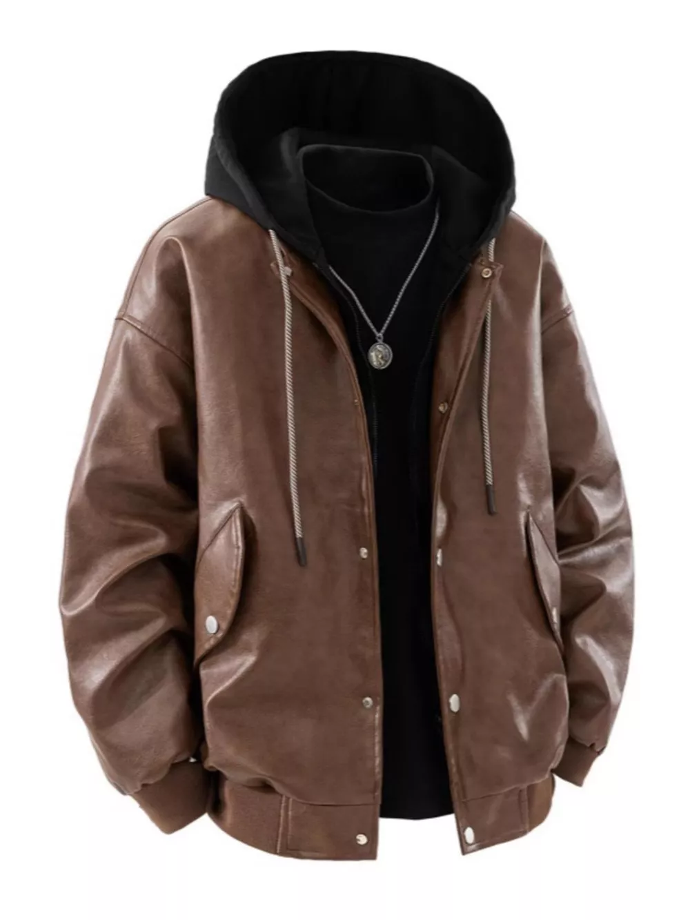 Men's Plus Size Hooded Faux Leather Moto Jacket, image 3