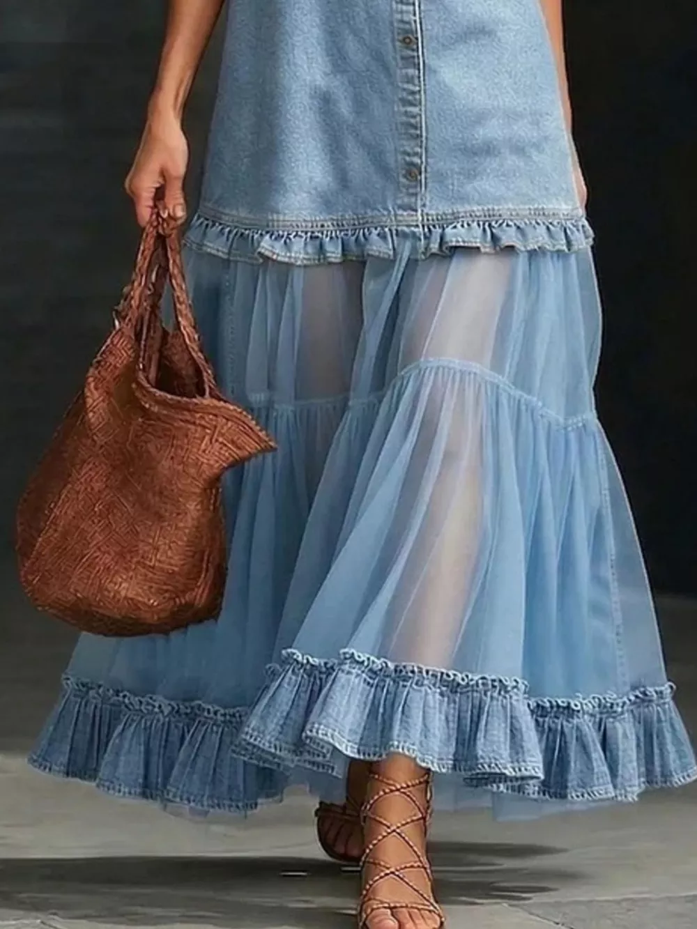 Full Size Ruffle Hem Sleeveless Sheer Tulle Denim Dress Plus Size, image 7