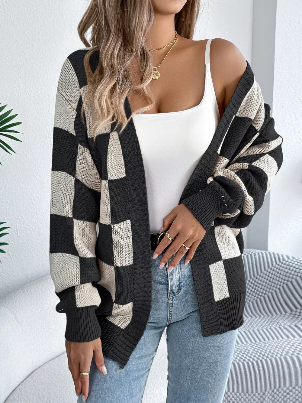 Checkered Pattern Open Front Cardigan, image 9