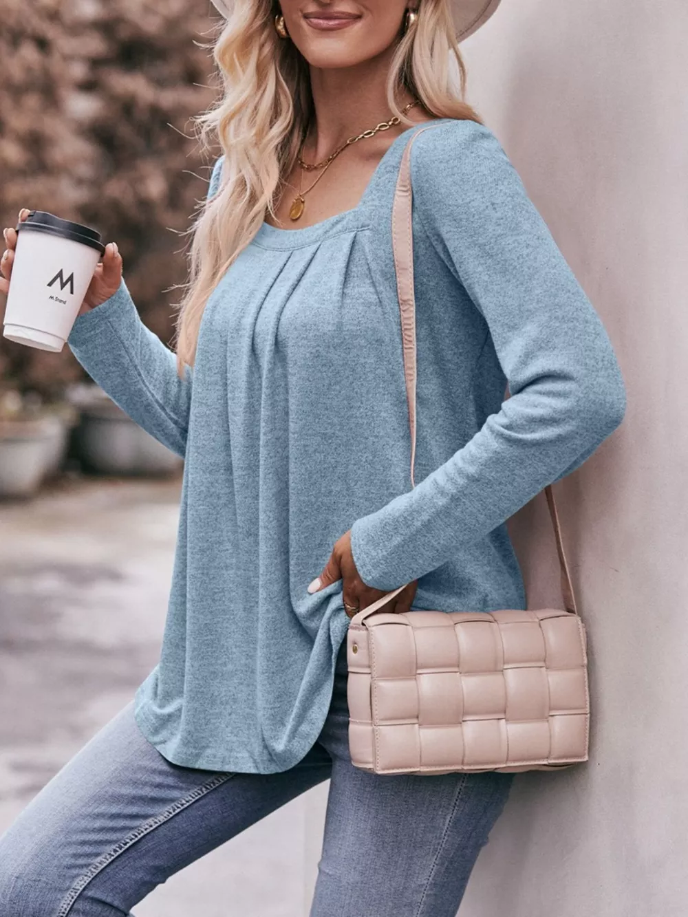 Pleated Square Neck Long Sleeve T-Shirt, image 17