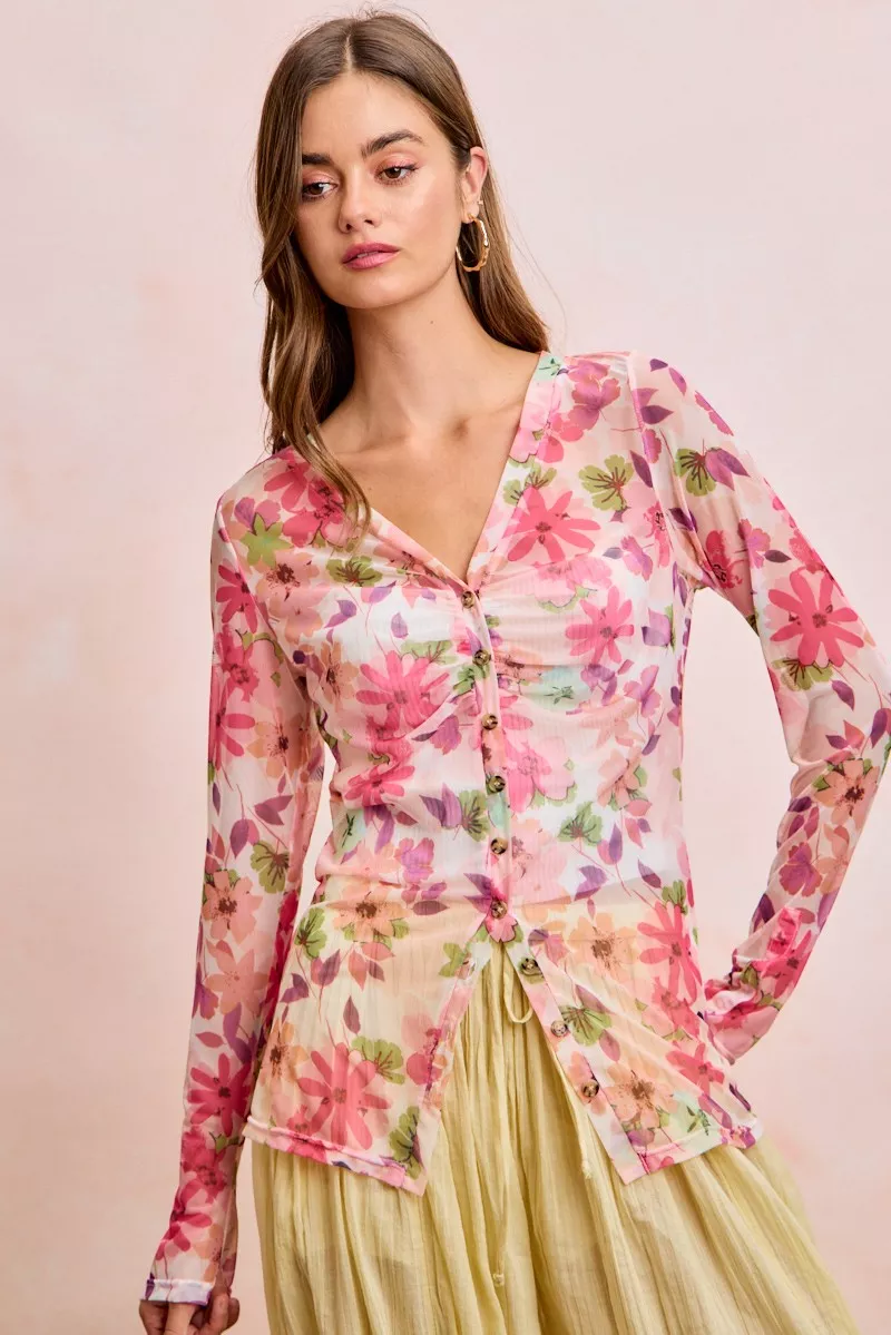 BiBi Floral Shrried Detail Button Up Mesh Cardigan Top, image 18