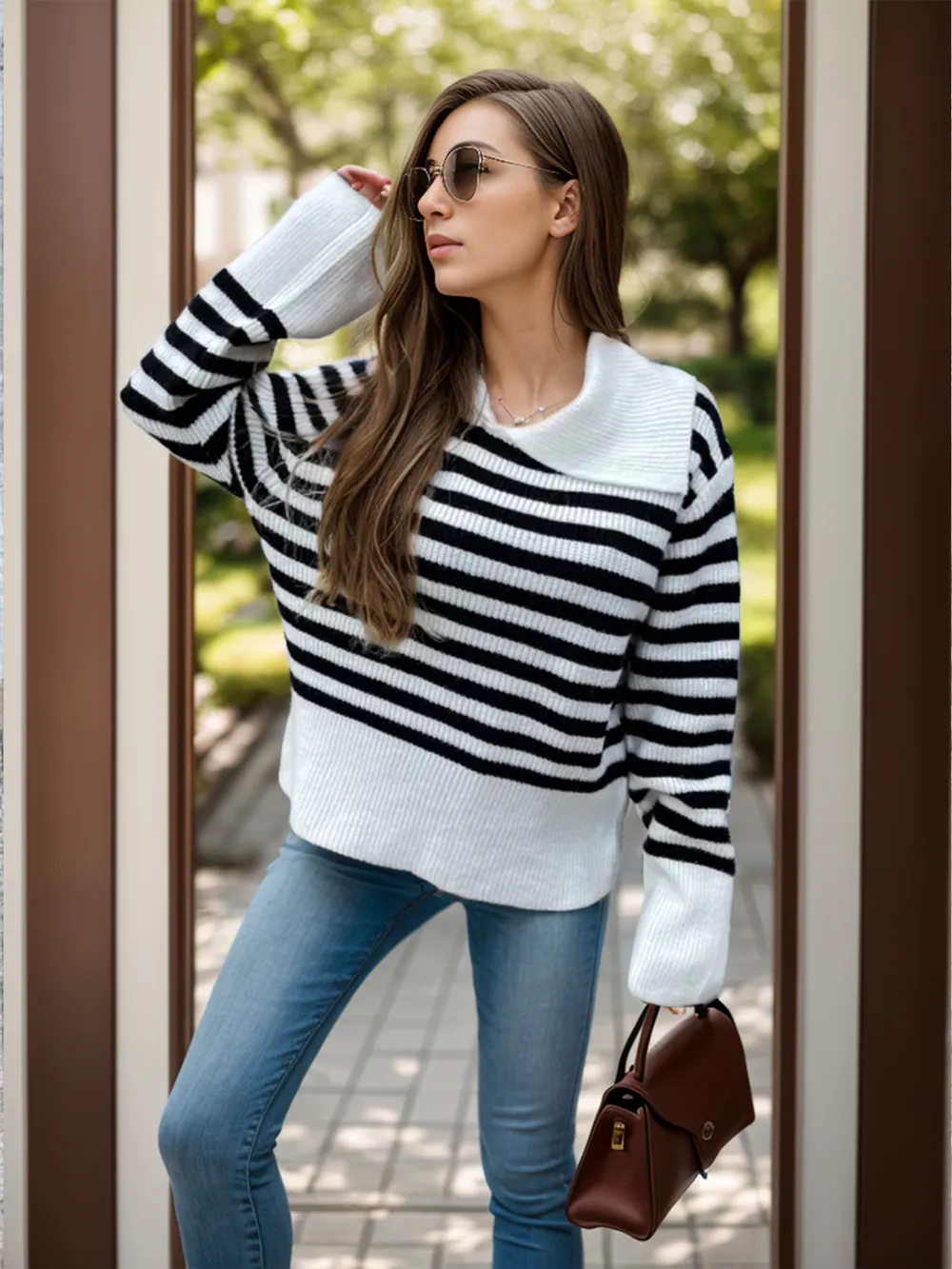 Striped Collared Neck Long Sleeve Sweater, image 2