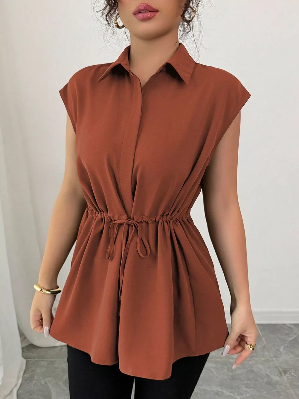 Drawstring Waist Cap Sleeve Shirt, image 20