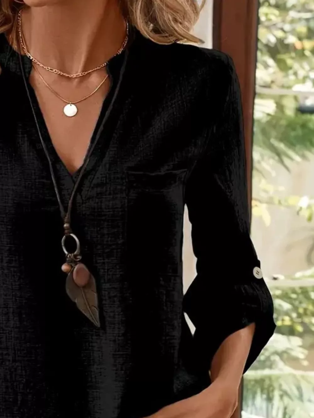 Casual V-Neck Roll-Sleeve T-Shirt with Pocket, image 6