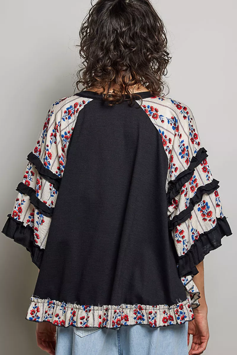 POL Round Neck Half Sleeve Contrast Floral Lace Oversized Knit Top, image 3