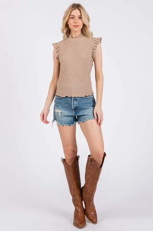 Ces Femme Texture Mock Neck Ruffle Cap Sleeve Blouse, image 5