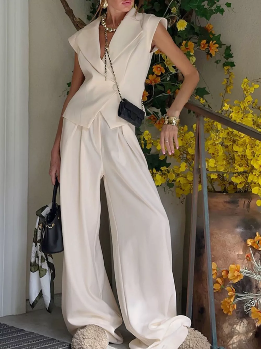One Button Blazer & Wide Leg Pants Set, image 7