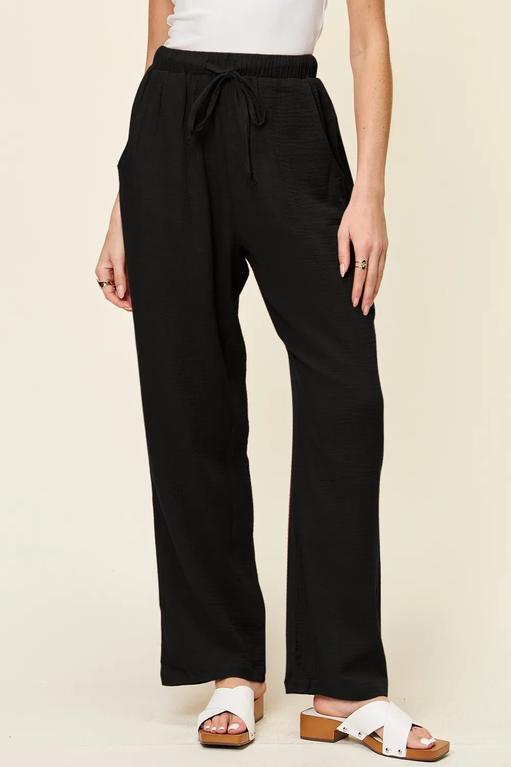 Full Size Texture Drawstring Straight Pants