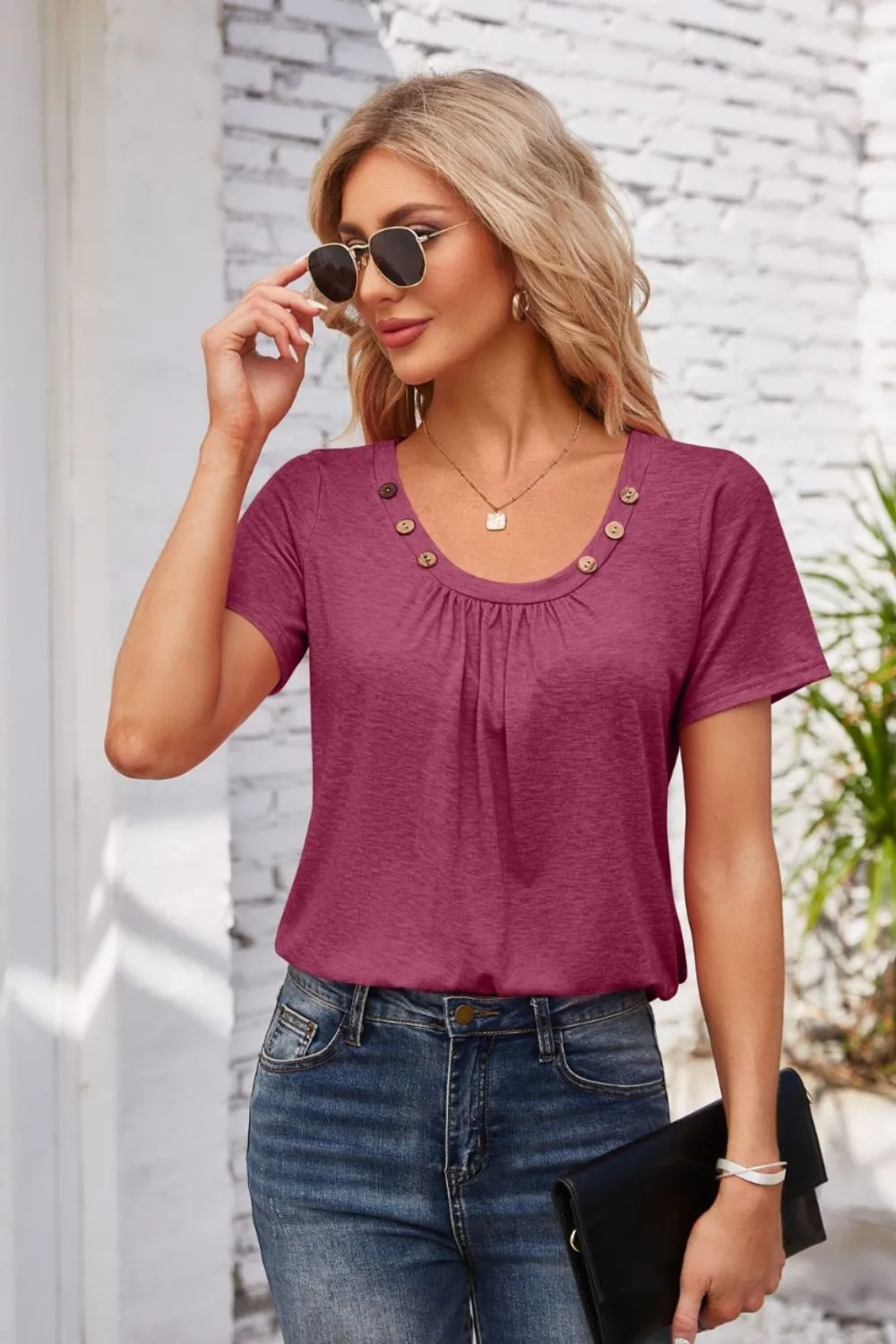 Decorative Button Scoop Neck T-Shirt, image 19