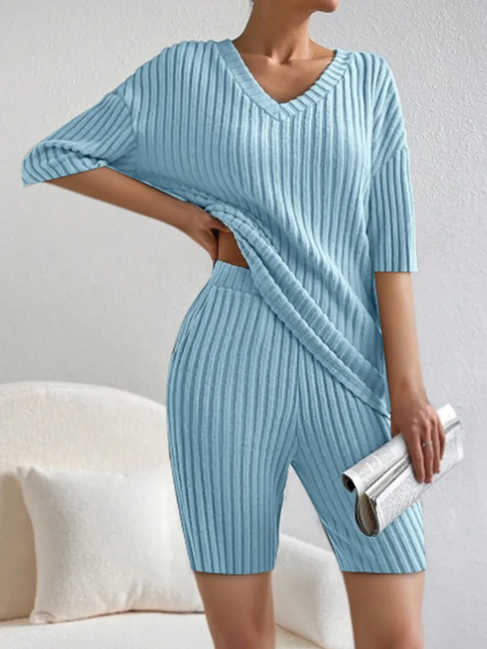 Ribbed V-Neck Top and Shorts Set, image 11