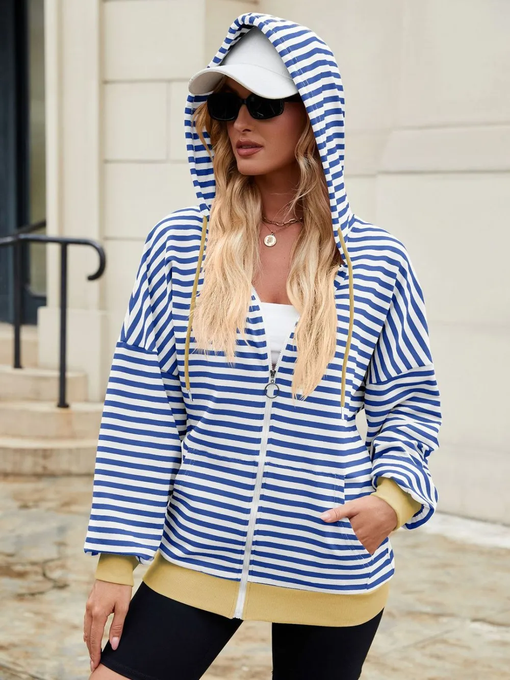 Drawstring Striped Zip Up Long Sleeve Hoodie, image 21
