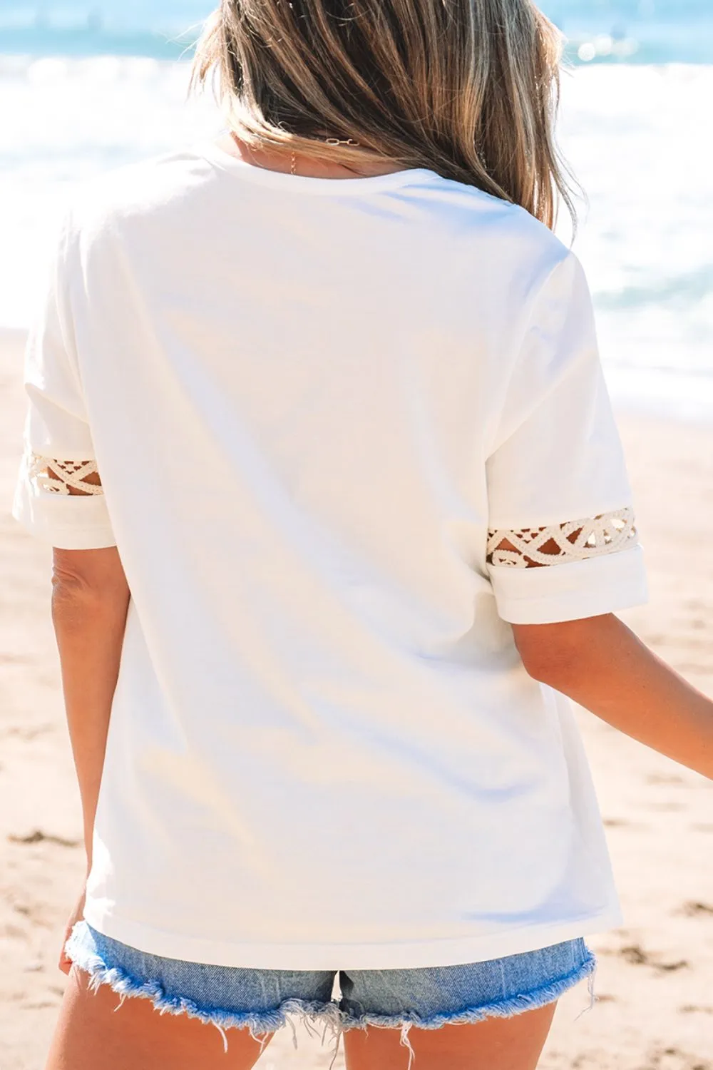 Lace Crochet Crew Neck Casual T Shirt, image 7