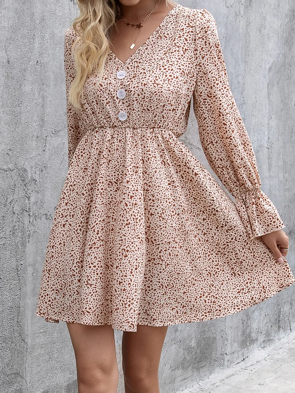 Decorative Button V-Neck Flounce Sleeve Dress, image 2