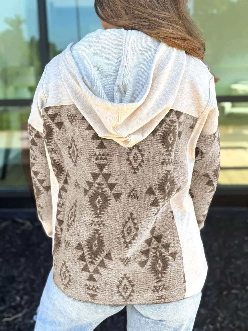 Western Aztec Print Color Block Patchwork Drawstring Hooded Shacket, image 2