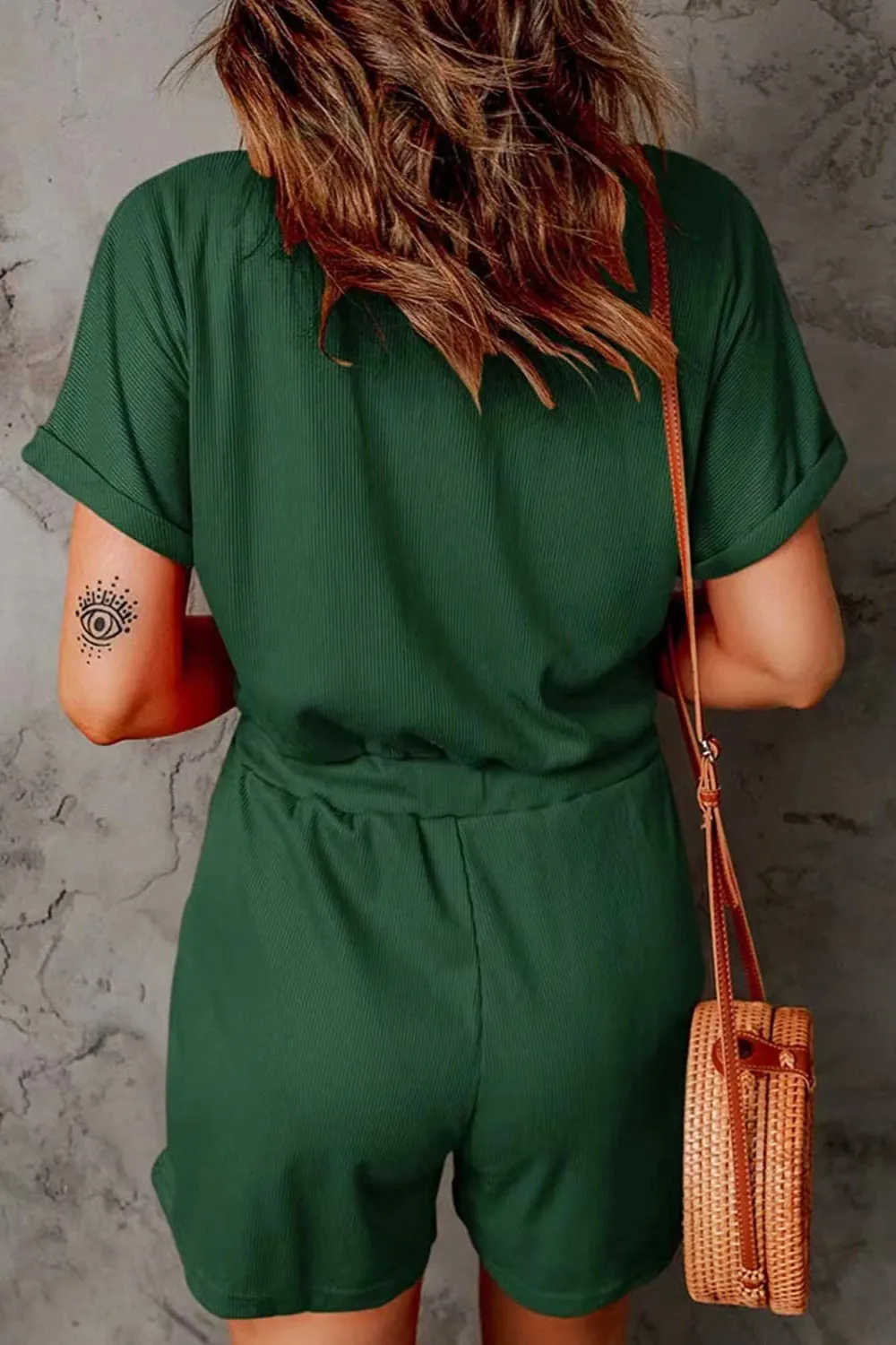 Full Size Drawstring V-Neck Short Sleeve Romper, image 8