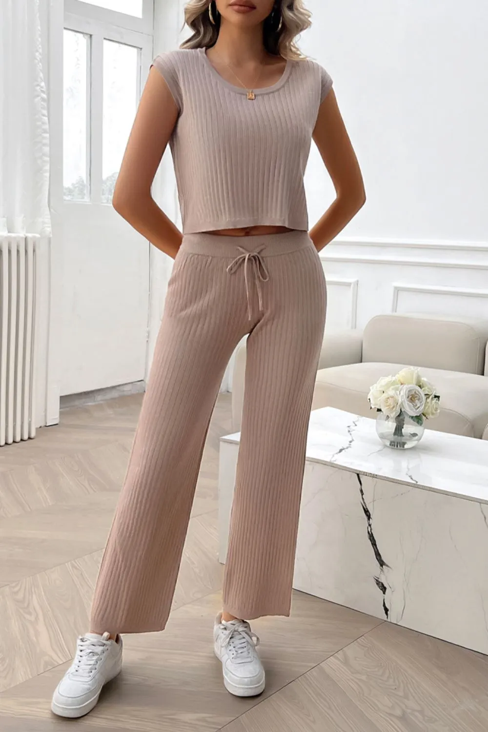 Ribbed Round Neck Top and Pants Set, image 4