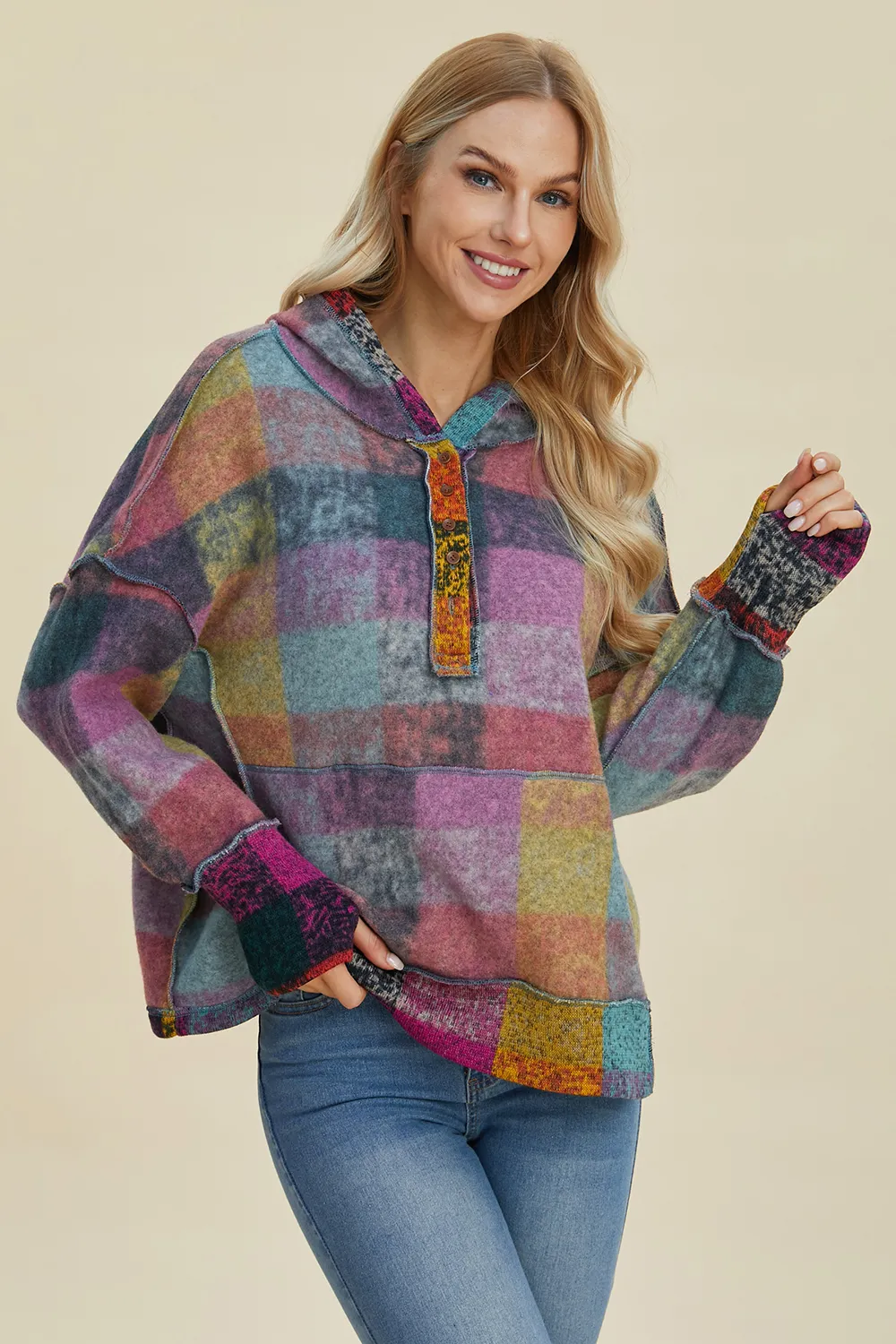 Full Size Plaid Dropped Shoulder Fleece Hoodie, image 13
