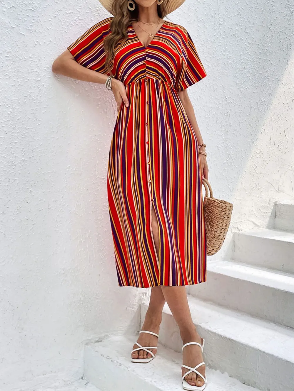 Slit Striped V-Neck Short Sleeve Midi Dress, image 4