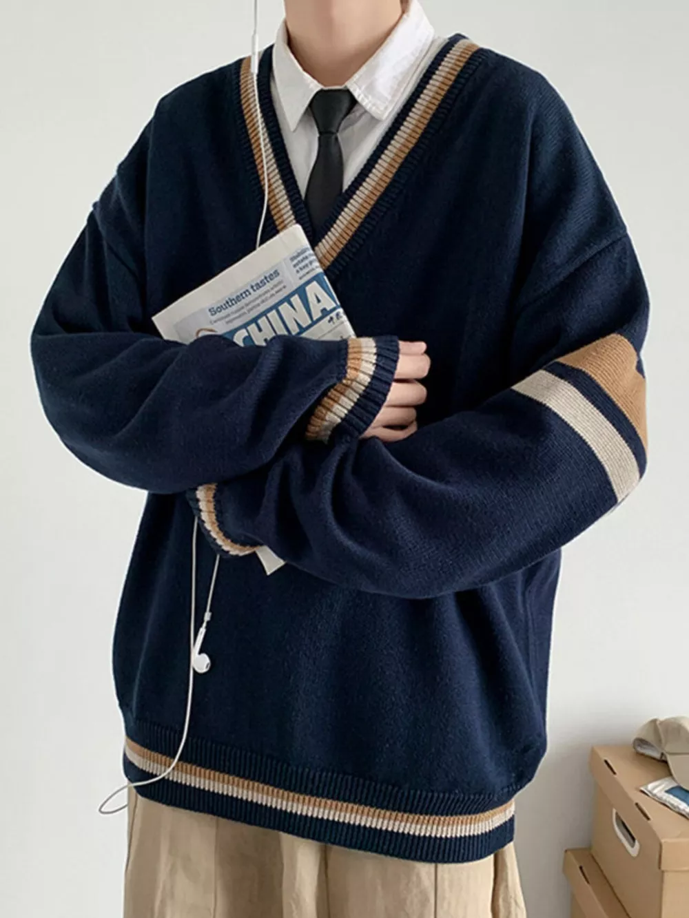 Men's Contrast Striped Long Sleeve Sweater, image 4