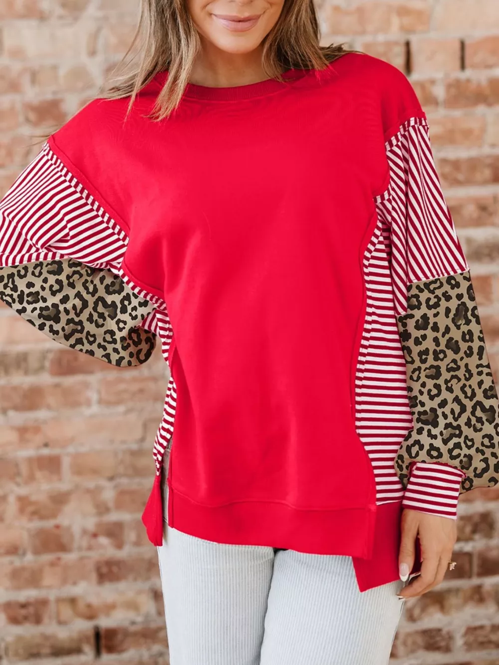 Striped Patchwork Sleeve Colorblock Sweatshirt, image 3