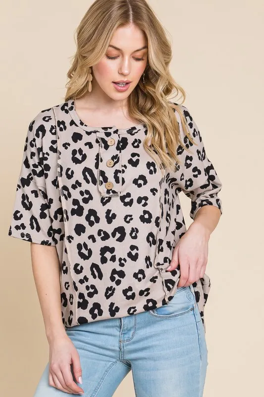 Button Detail Exposed Seam Leopard Half Sleeve Top, image 2