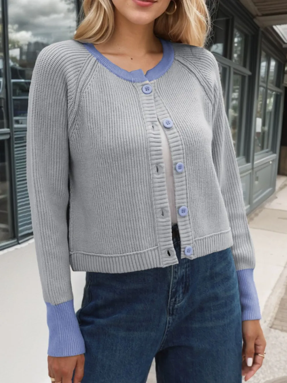Contrast Button Up Long Sleeve Cardigan, image 5