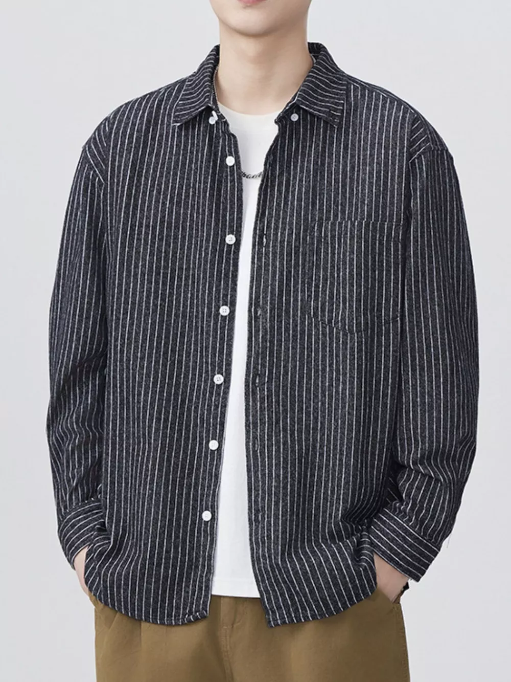 Men's Plus Size Striped Button Up Long Sleeve Shirt, image 8