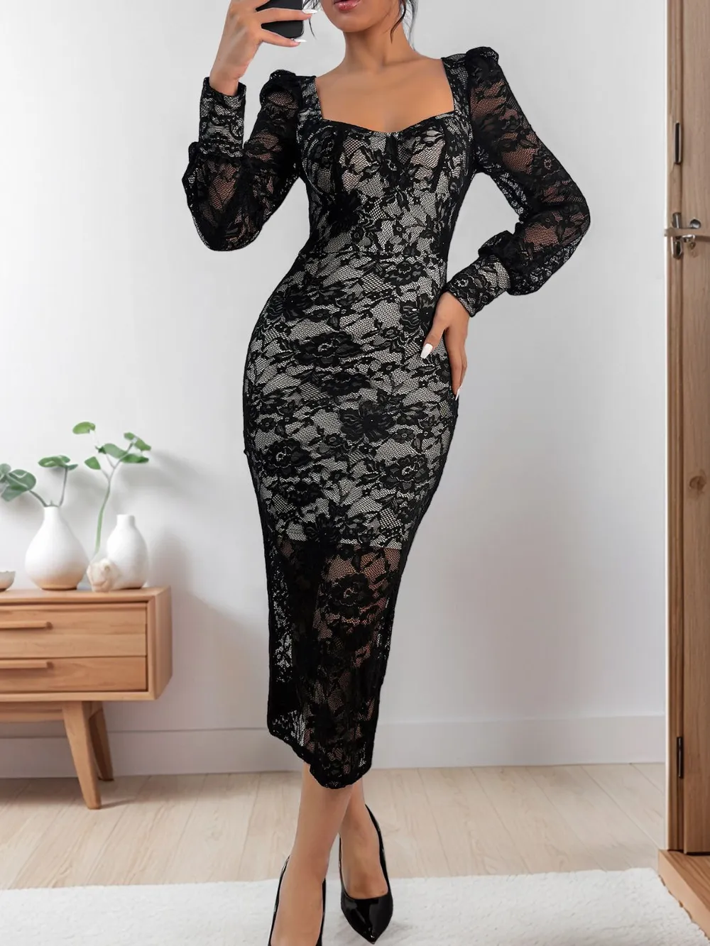 Lace Sweetheart Neck Long Sleeve Midi Dress, image 3