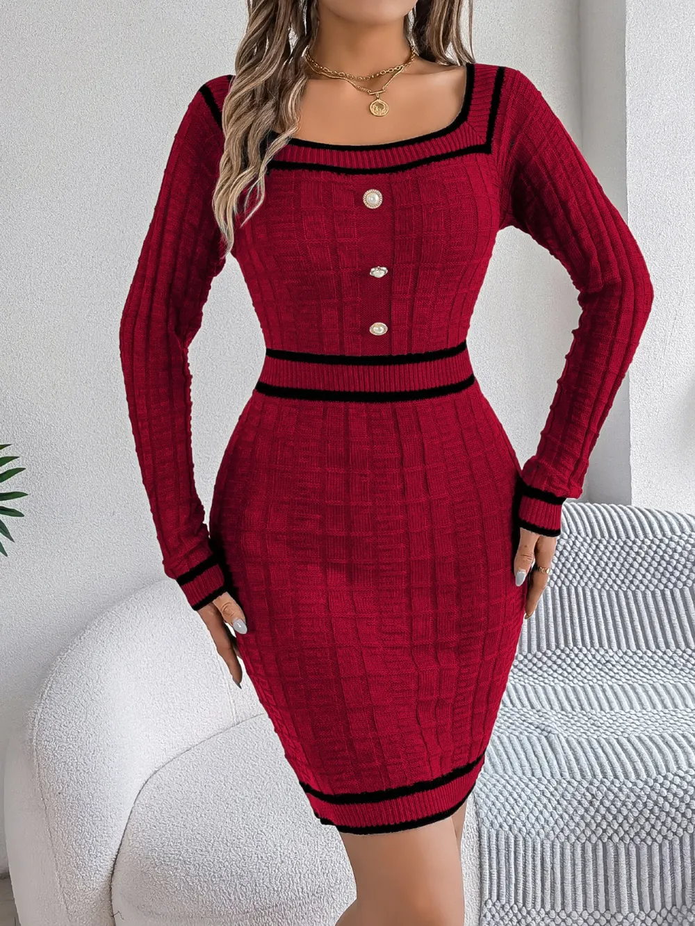 Contrast Trim Long Sleeve Sweater Dress, image 2