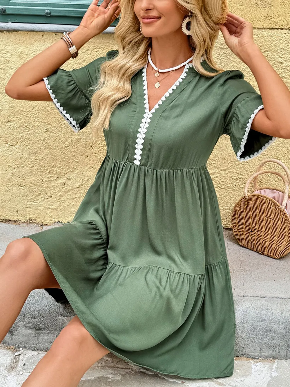 Lace Detail Notched Flounce Sleeve Mini Dress, image 6
