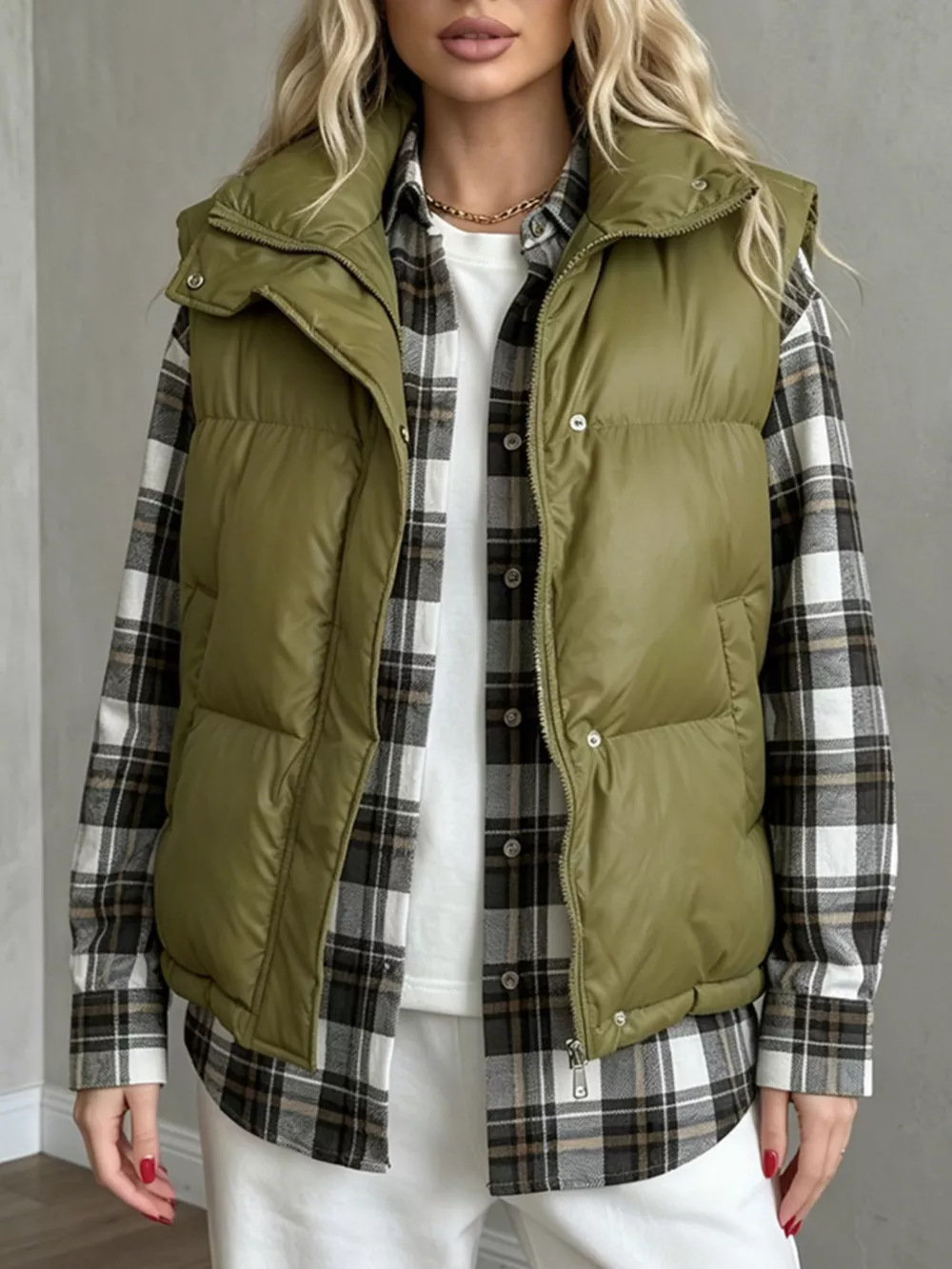 Snap-Button Placket Quilted Puffer Vest Coat, image 14