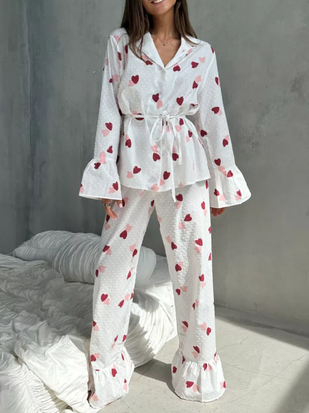 Heart Print Long Sleeve and Pants Lounge Set