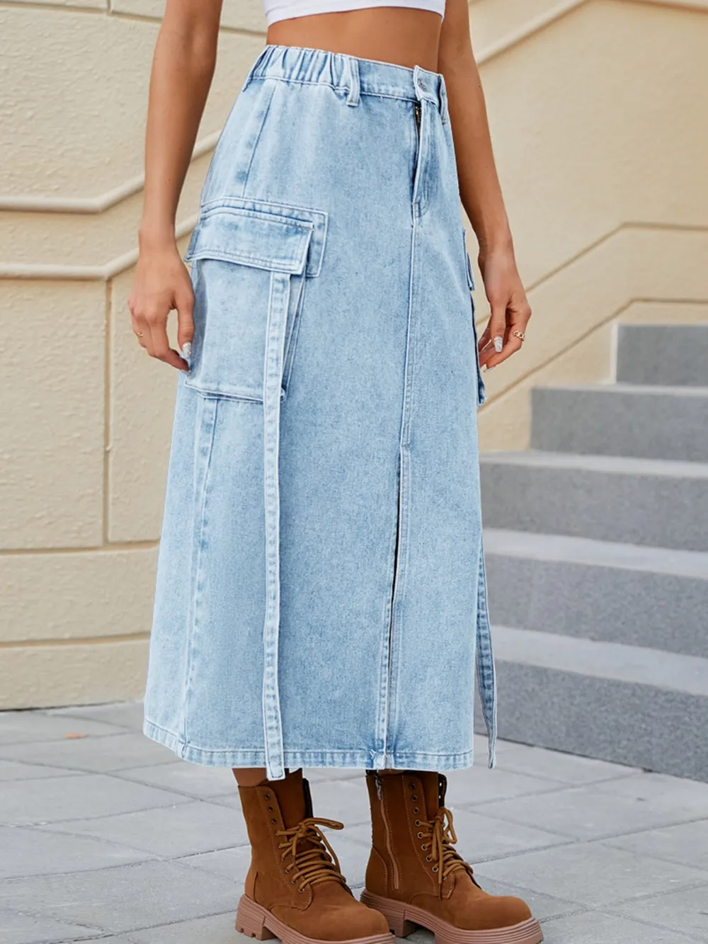 Slit Pocketed High Waist Denim Skirt, image 5