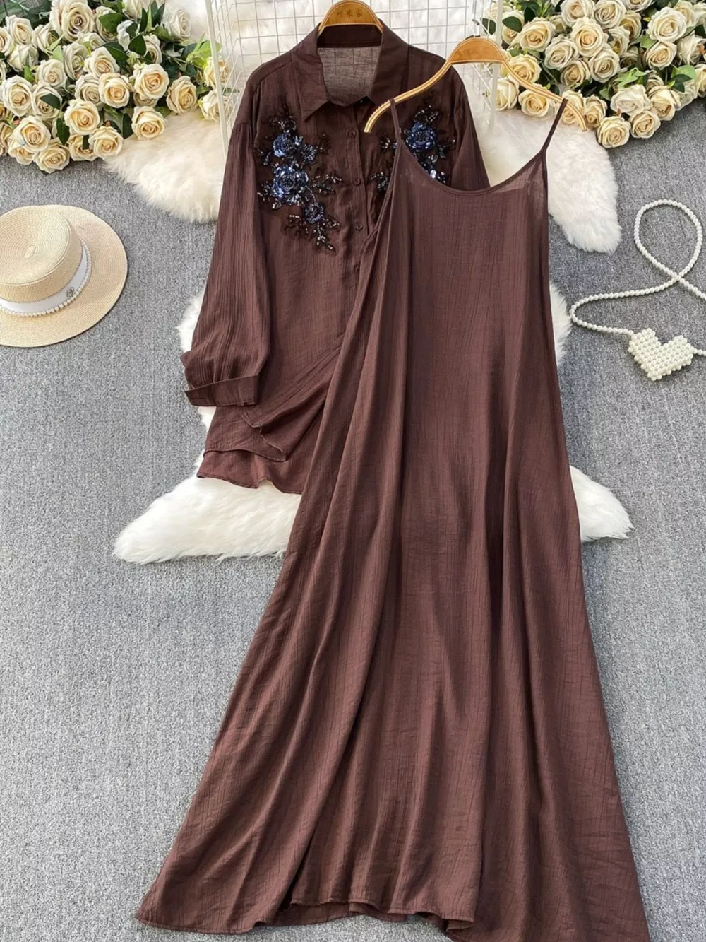 Sequin Flower Button Up Shirt and Cami Dress Set, image 10
