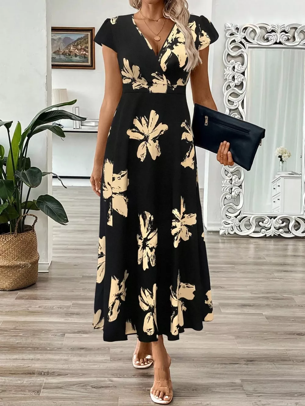 Surplice Cap Sleeve Midi Dress, image 2