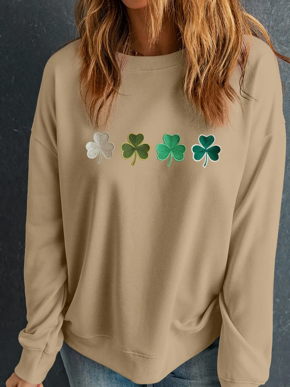 Embroidered Clover Pattern Round Neck Sweatshirt, image 5