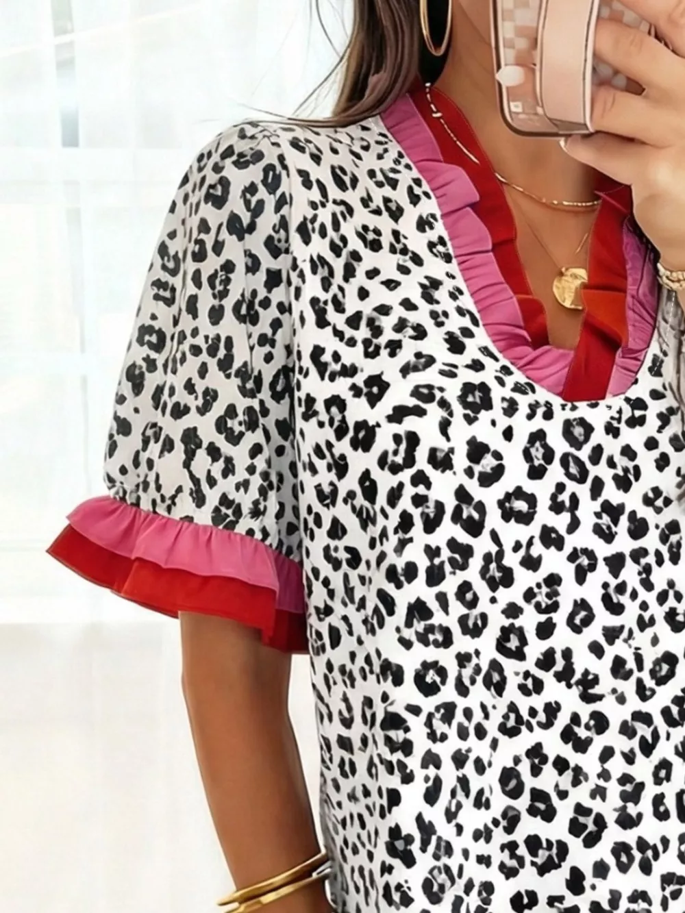 Leopard Print Frill Short Sleeve Blouse, image 3
