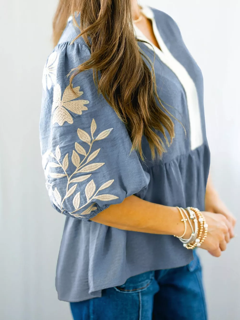 Embroidered Sleeve Peplum Blouse, image 3
