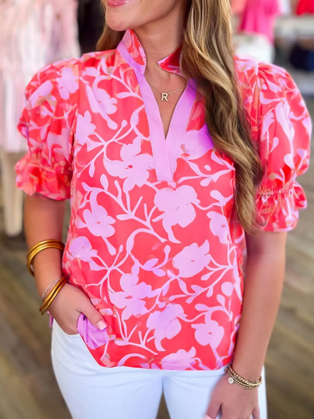 Floral Split V Neck Ruffled Short Sleeve Blouse Top, image 2