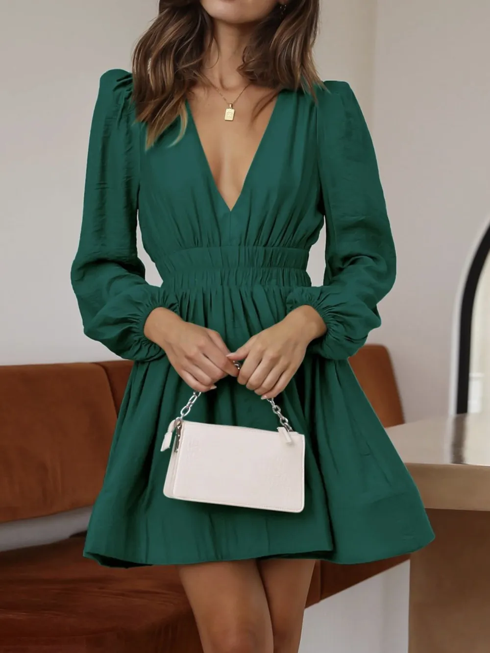 Ruched V-Neck Balloon Sleeve Mini Dress, image 11
