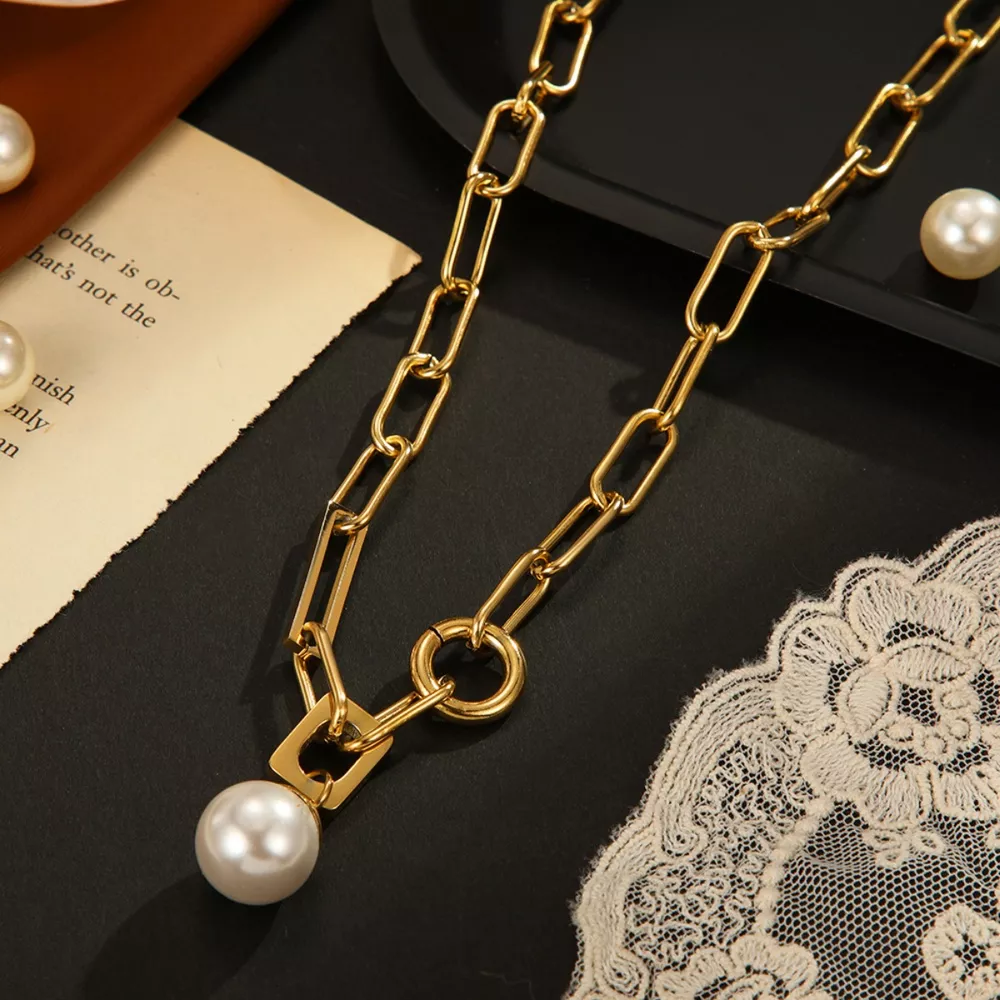 18K Gold-Plated Chain Pearl Necklace, image 4