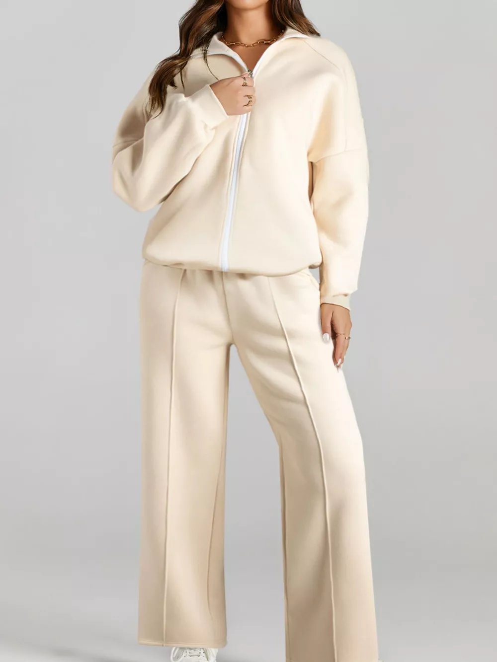 Drop Shoulder Zip Up Jacket and Drawstring Pants Active 2pcs Set, image 8