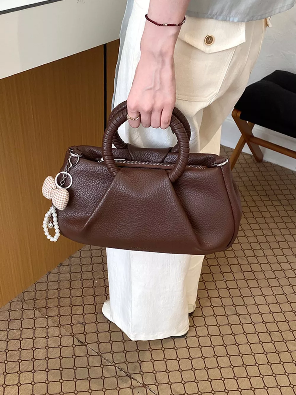 Top Handle Crossbody Bag with Pearl Bow Charm, image 5