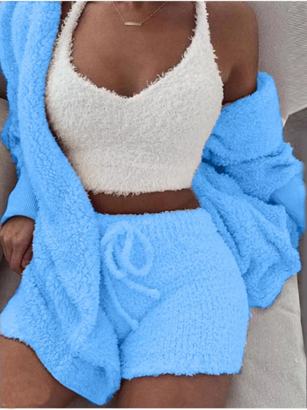 Full Size 3-Piece Fuzzy Plush Cardigan and Shorts Lounge Set with Crop Top Plus Size, image 10