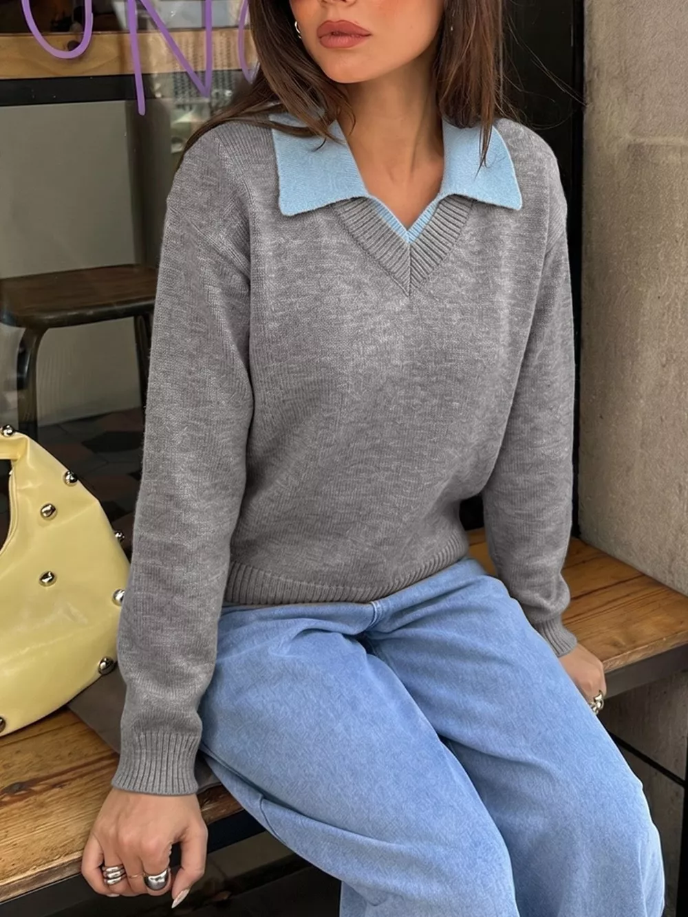 Contrast Collar Dropped Shoulder Sweater, image 4